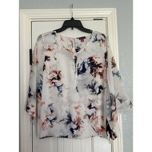 Vince Camuto Blouse White Floral Large Cross Over Front Long Sleeve Romantic